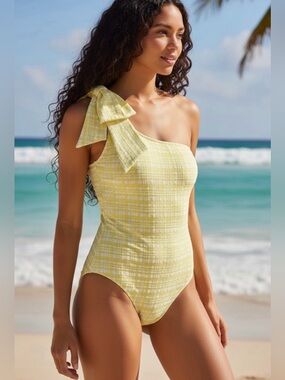 Kate Spade New York One Shoulder Bow Swimsuit in Napa Cabbage Size S